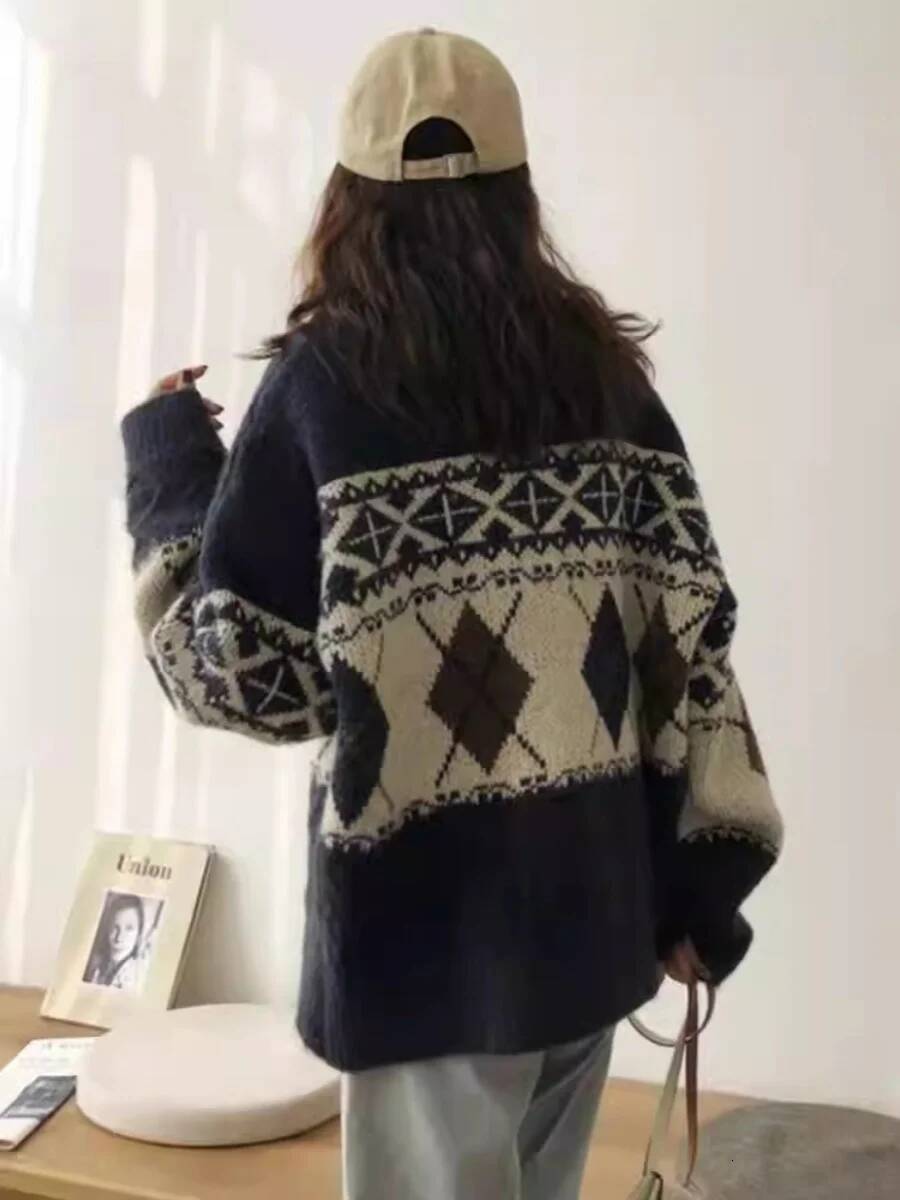 New Dia Knit Cardigan Women's 100% Pure Cashmere Lazy Loose Slim Top Retro Round Neck Sweater