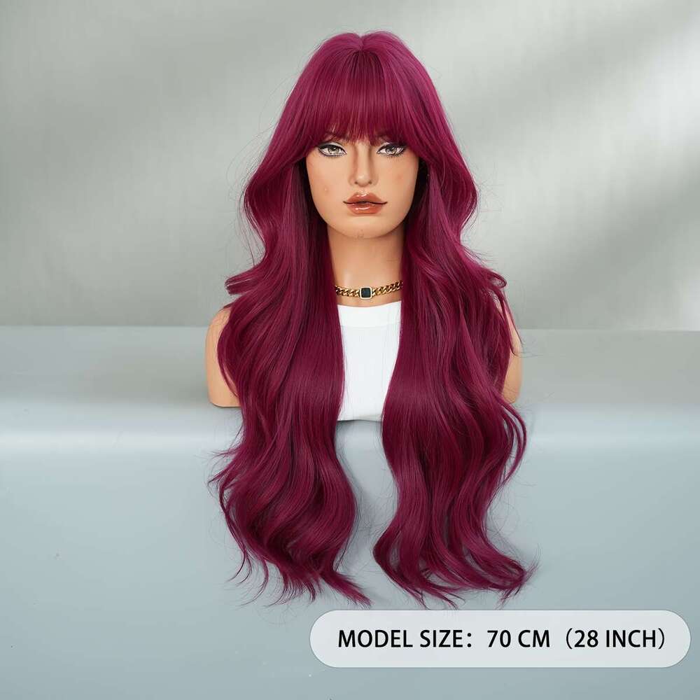 NAMM Women's Long Body Wave Purple Red Cosplay Wig With Neat Bangs Heat-Resistant Synthetic Fiber, High Density 150%, Glueless Rose Net Cap For H