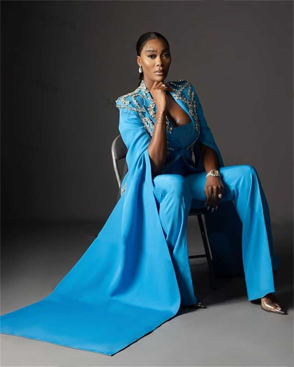 Crystal Women Pants Suits 2 Pieces Long Cape Sleeves Blazer Customized Formal Special Occasion Evening Party Show Outfit