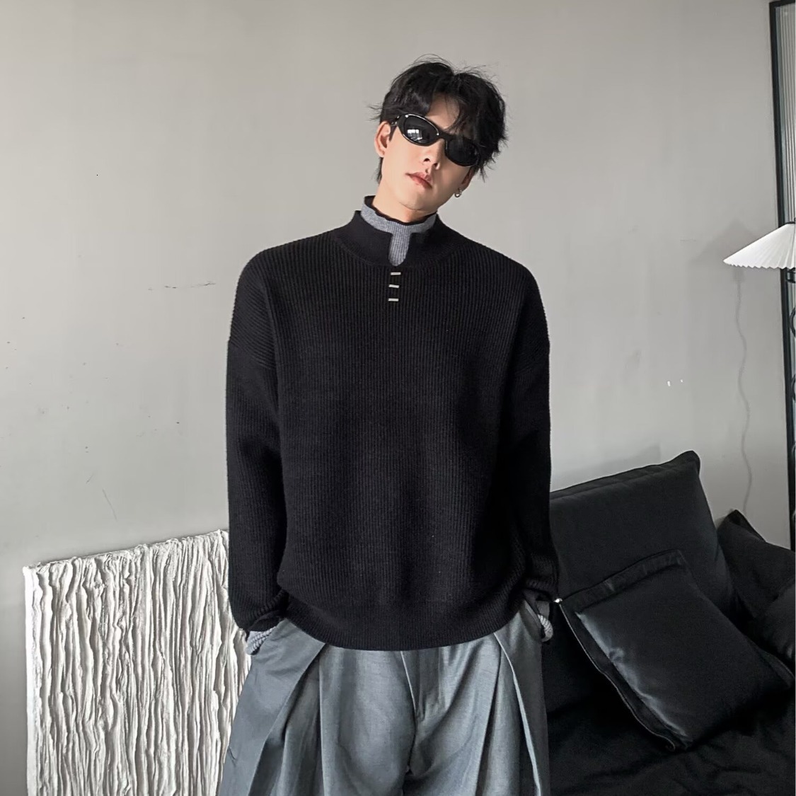 Unique Fake Two-piece Color-block Double-layer Turtleneck Sweater For Men Designer Sweater Autumn Trendy Style Simple Casual Knitted Top