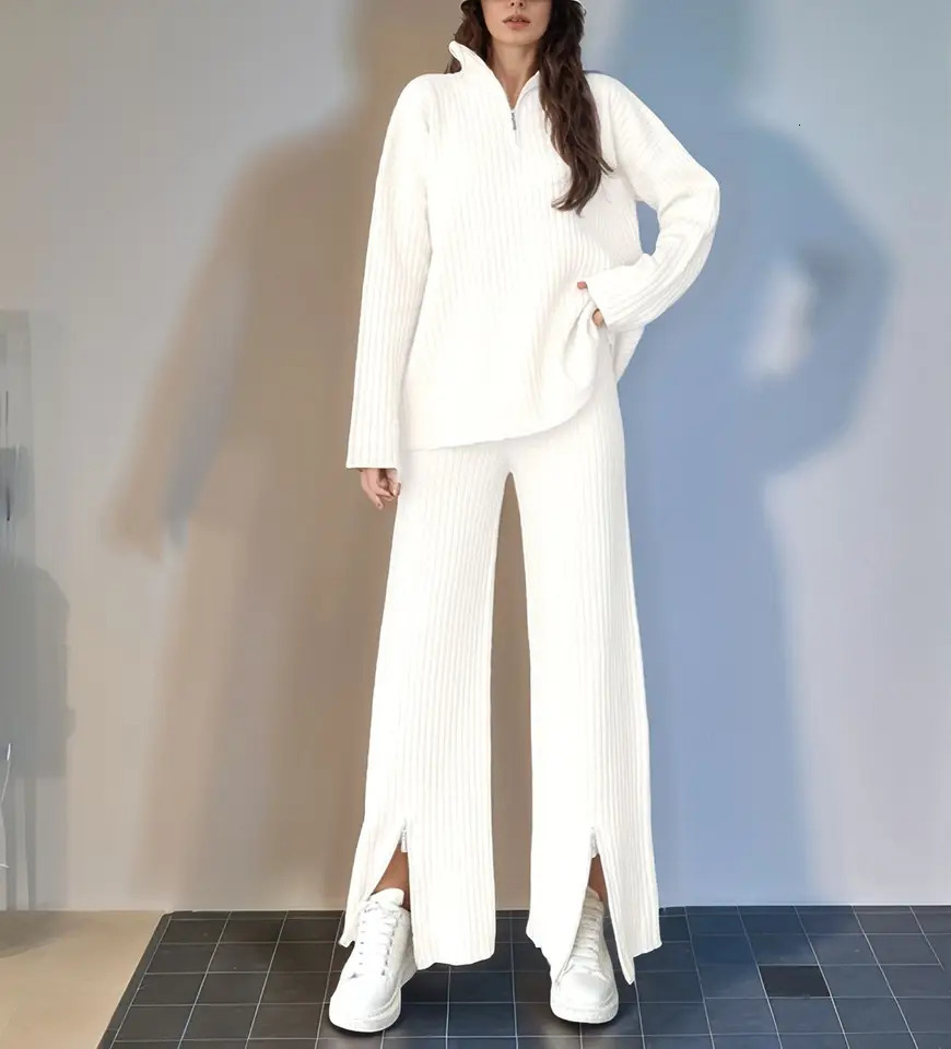 European and American Cross border Autumn Winter Womens Solid Color Zipper Knitted Set High Collar Pit Strip Home 251027