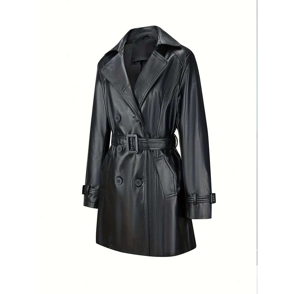 Elegant Windbreaker Lightweight PU Windbreaker Women's Jacket | Elegant Mid-Length Belted Coat With Adjustable Waist, Solid Black For Spring/Fall