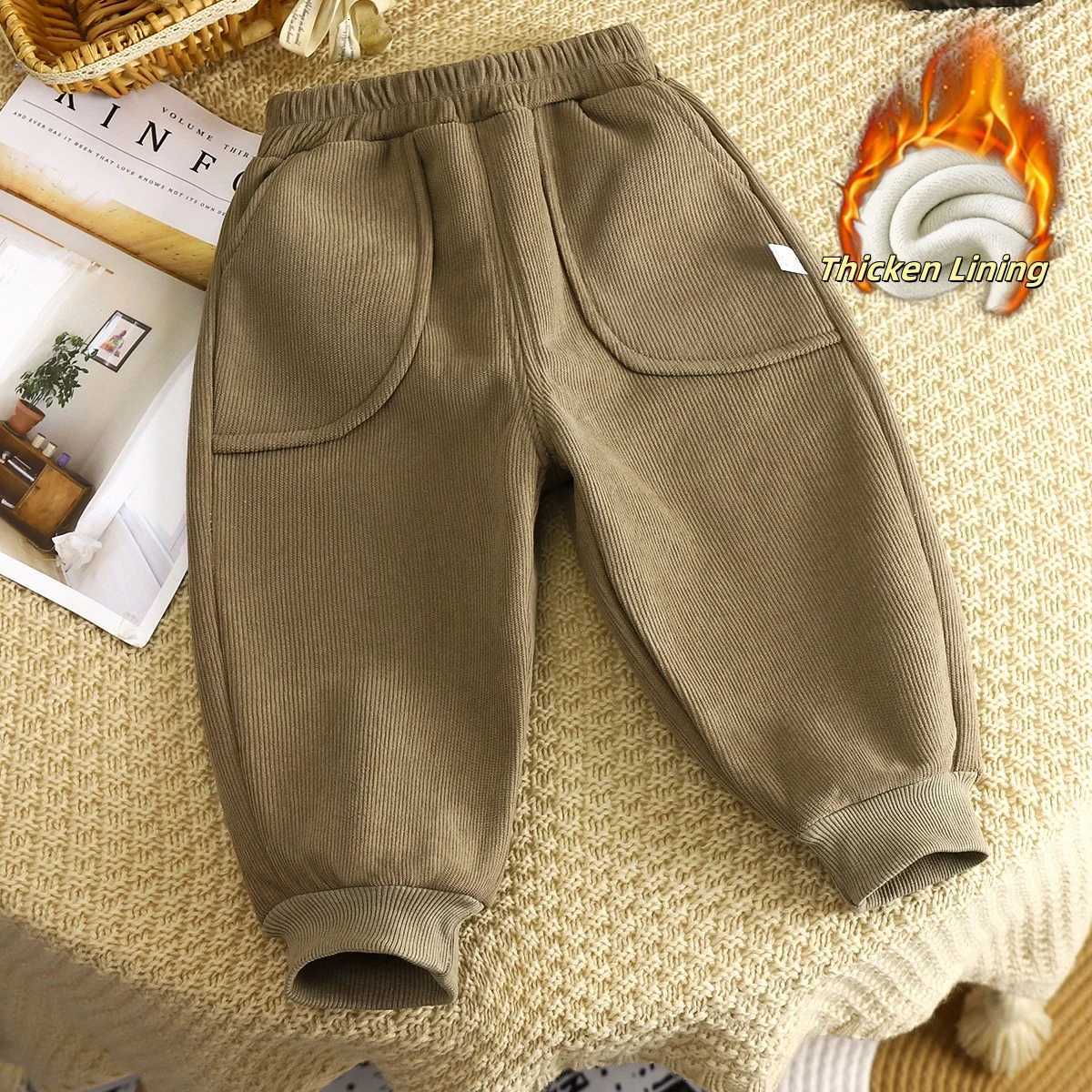 2025 Winter Thicken Corduroy Children Pants Fleece Lined Sporty Toddler Joggers with Pockets Boys Girls Warm Clothes TrousersT251027