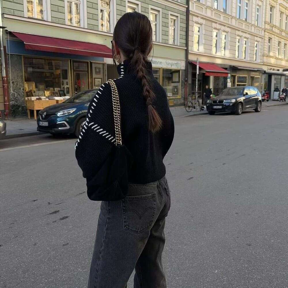 ZA Women's Clothing Autumn Winter Outerwear Round Neck Knitted Warm Versatile Chic Color Block Sweater