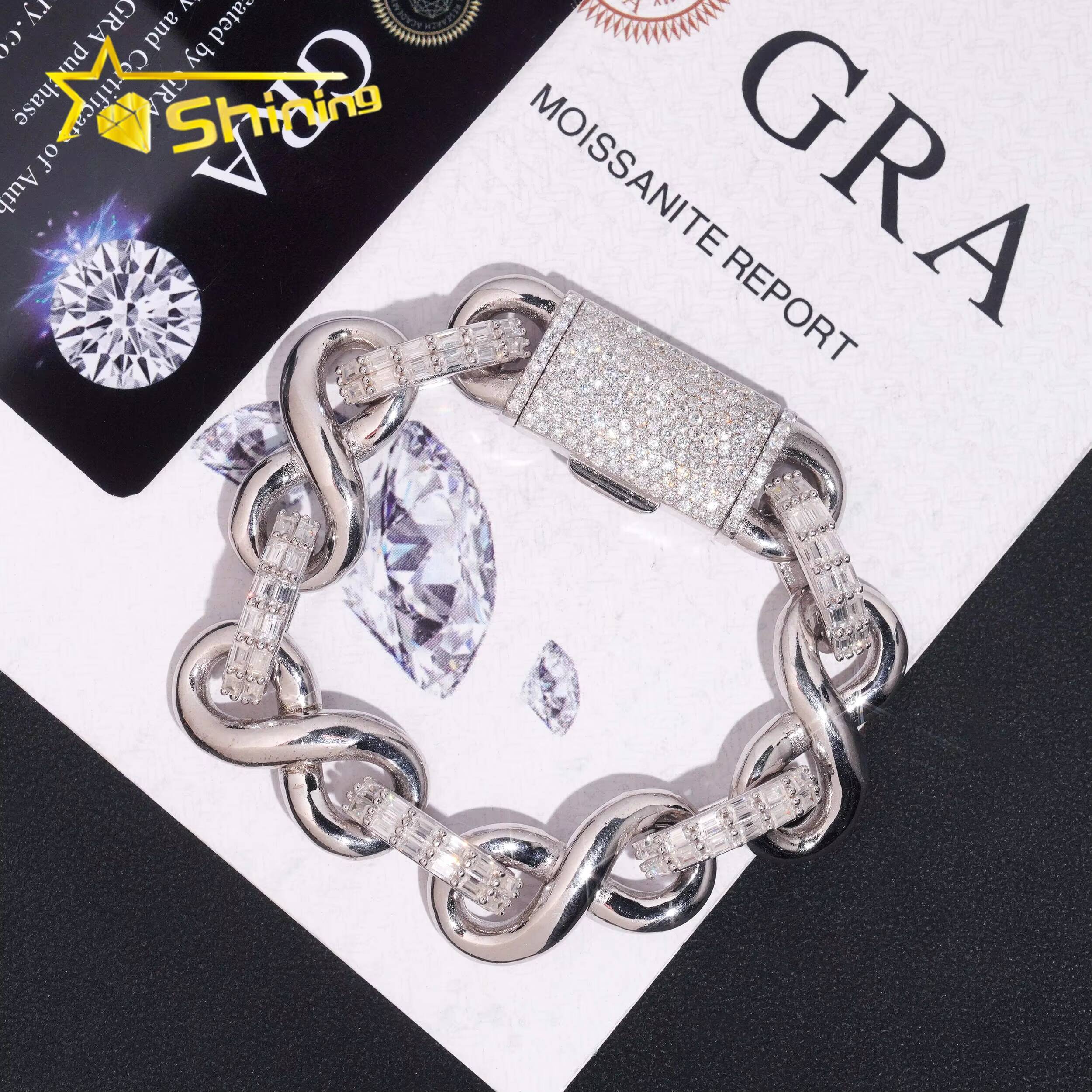 GRA Certificate Luxury Hip Hop 15mm 925 Silver Baguette VVS Moissanite Infinity Men Diamond Bracelet