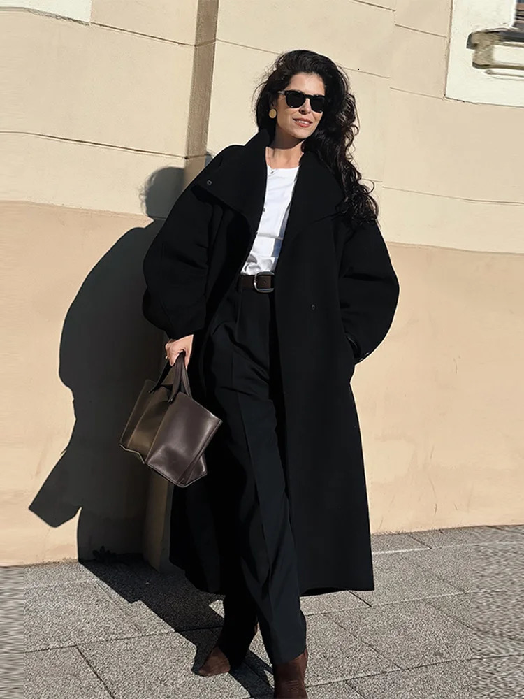 Chic Stand Collar Long Woolen Coat Women Puff Sleeve Single Breasted Loose Warm Overcoat Autumn Winter Lady Outwear 251024