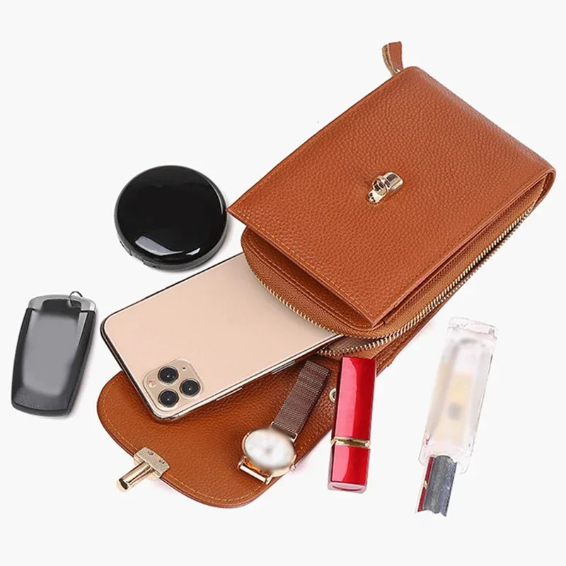 Genuine Leather Phone Bag Solid Color Flip Round Lock Bag Womens Crossbody Bag with Long Shoulder Strap and Credit Card Slot 251027
