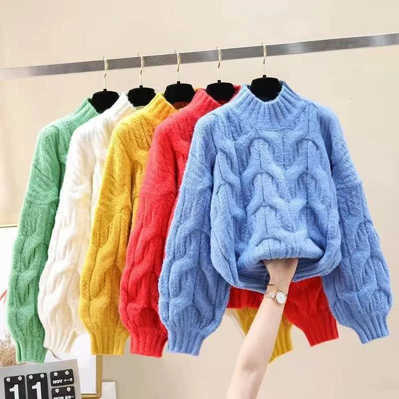 Korean Sweet Lantern Sleeve Oneck Sweater Womens Autumn Winter New Casual Loose Thick Twisted Knit Pullover Elegant KnitwearT251027