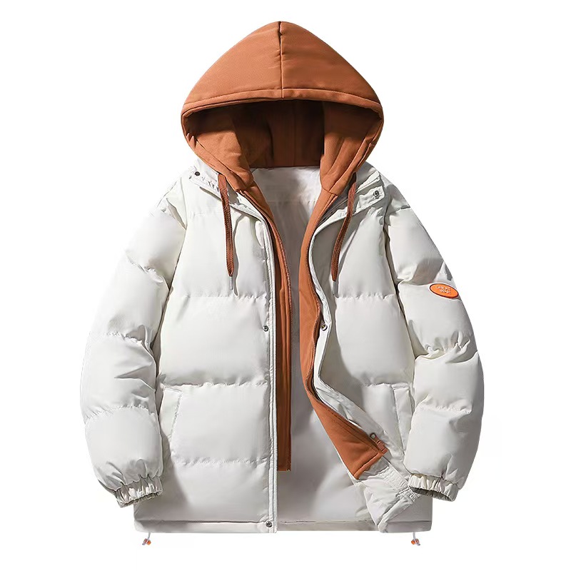 In autumn and winter, hooded cotton-padded clothes couple Hong Kong wind fashion trend fake two thick cotton-padded jacket warm coat students.