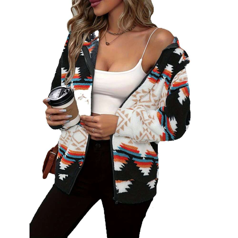 SPECHIR Women's Elegant Geometric Print Hooded Jacket - Hine Washable Zipper Front Casual Coat For Fall/Winter, Black/White/Orange/Teal/Gray, Mid