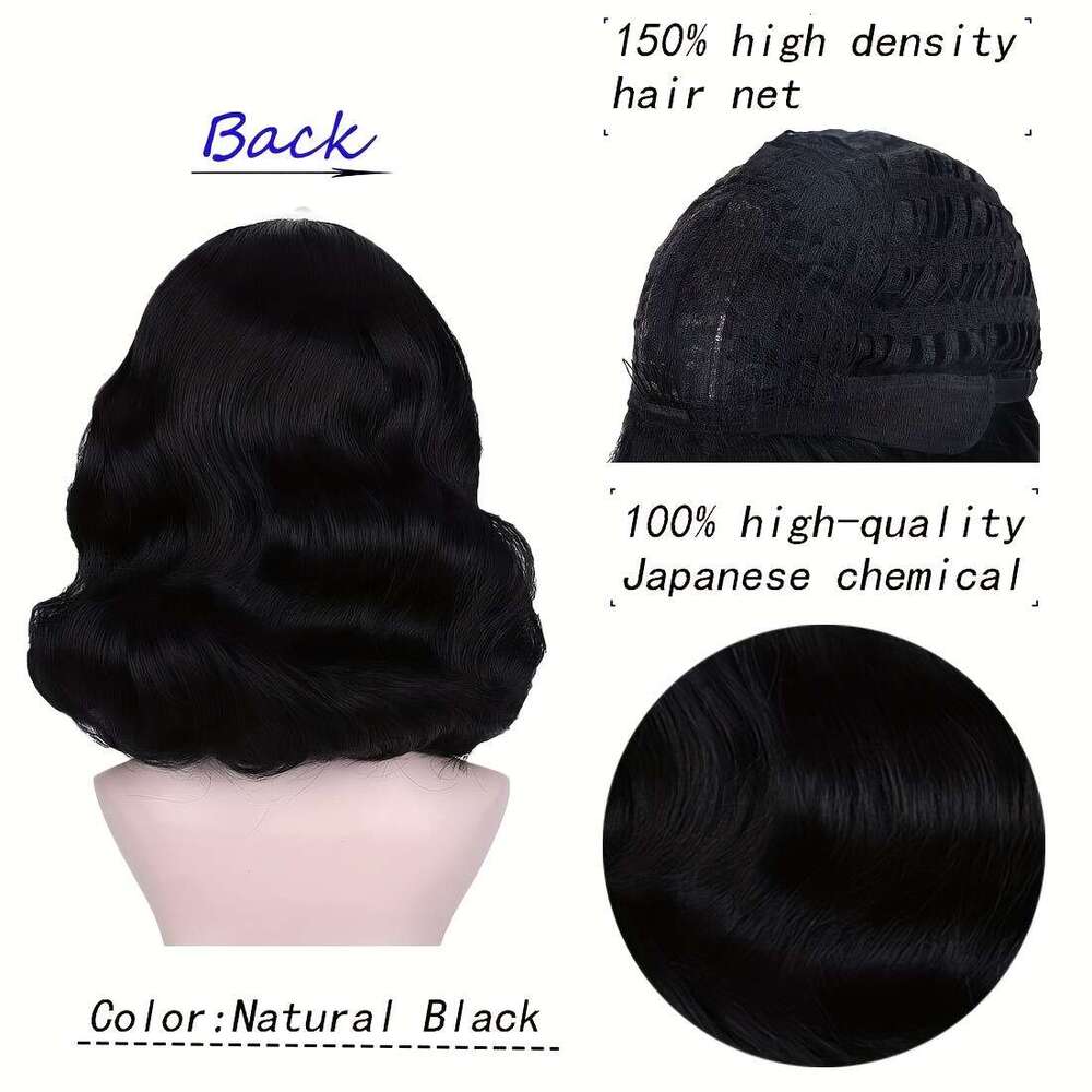 Women's 50S Rockabilly Vintage Wig, Wavy Black With Bangs, Bettie Page Inspired, High Temperature Fiber, Rose Net Cap, 180% Density, Loose Wave C