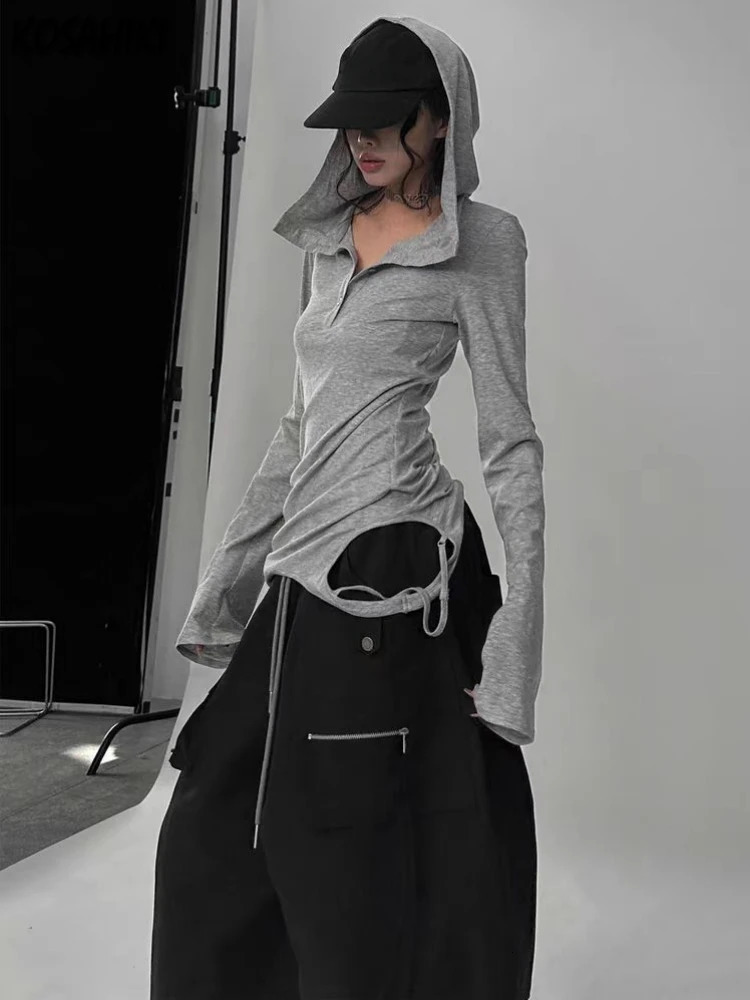 Y2k Aesthetic Hole Hooded Tshirt Women Harajuku Gothic Punk Vintage Button Sexy Tshirts Streetwear Grunge Slim Fit Fairy Tees 251027