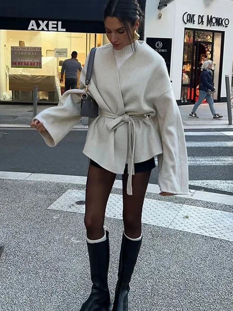 Womens Long Sleeve Reversible Tweed Jacket n Bow Belt Trimmed VNeck Coat Autumn Winter Tops 251027