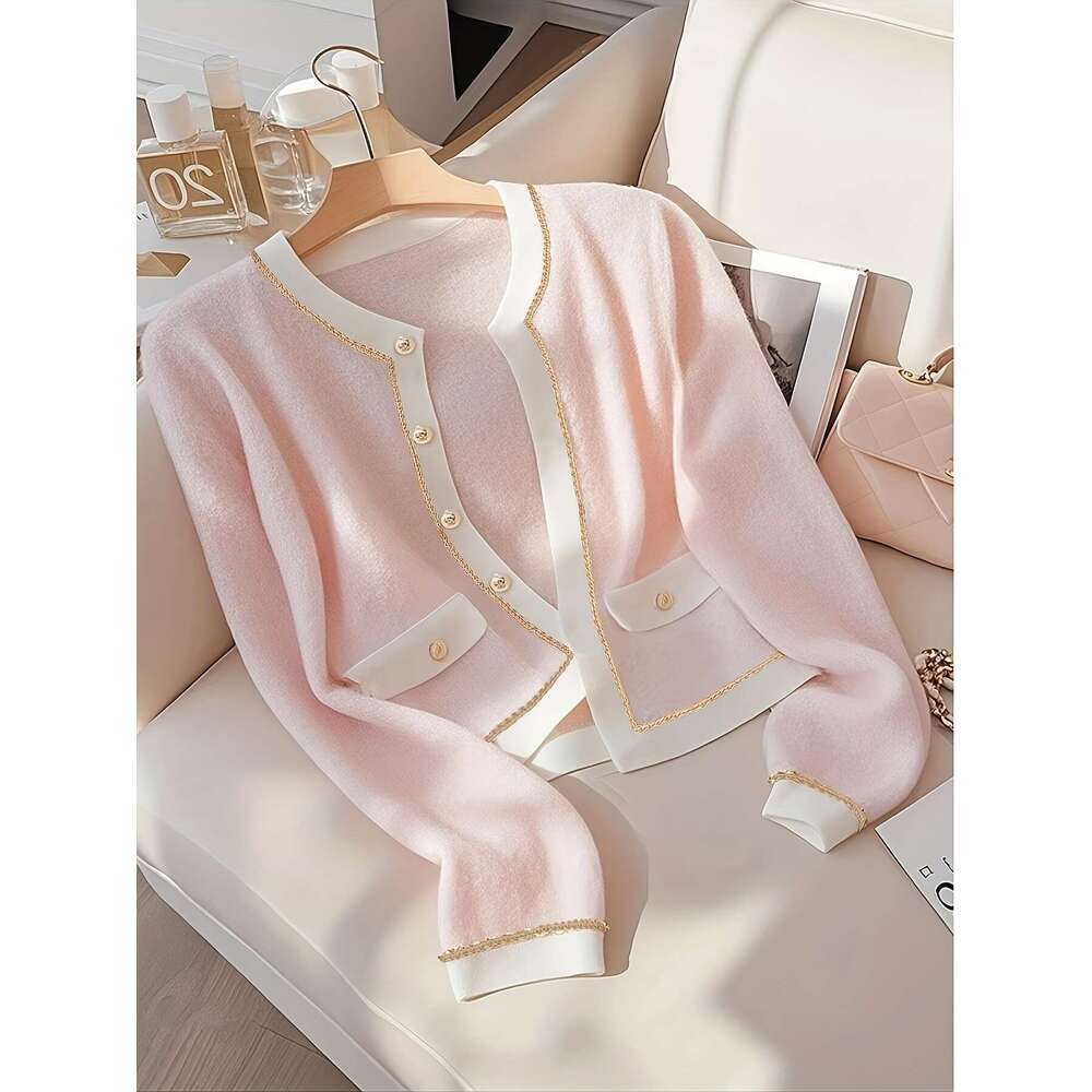 Women's Cardigan Pink Small Wind Round Neck Color-Block Cardigan Women's Fashion Versatile Autumn Top Jacket
