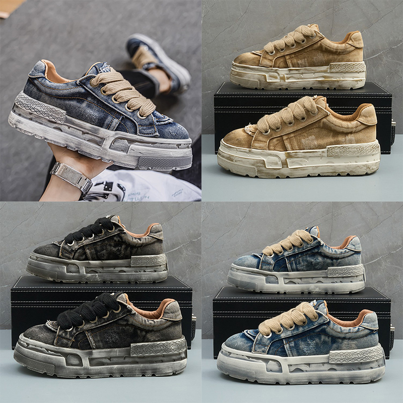Versatile Trendy Mens Shoes Classic Washed Denim Sneakers Retro Blue Black Camel Slip-Resistant Thick-Sole Male Trainers Size 39-44