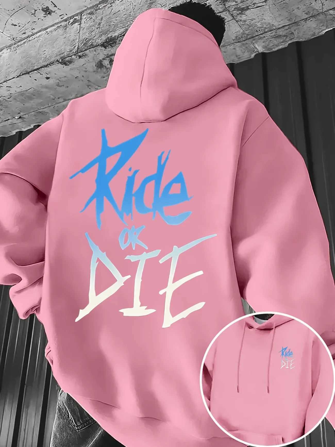 Autumn Winter Mens Hoodie with Ride or Die Lettering Print Adult Pullover Sweatshirt Street Casual HipHop Long Sleeve Top W251027