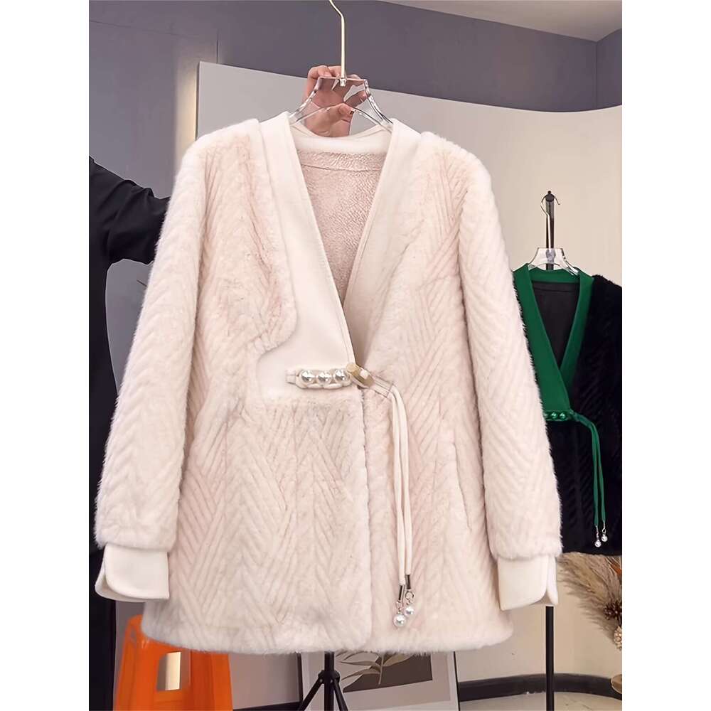 2025 New Faux Mink Fur Coat, Patchwork Thickened Warm Chinese Style Retro Overcoat, 1960S Vintage Look, Winter Coats For Women Elegant