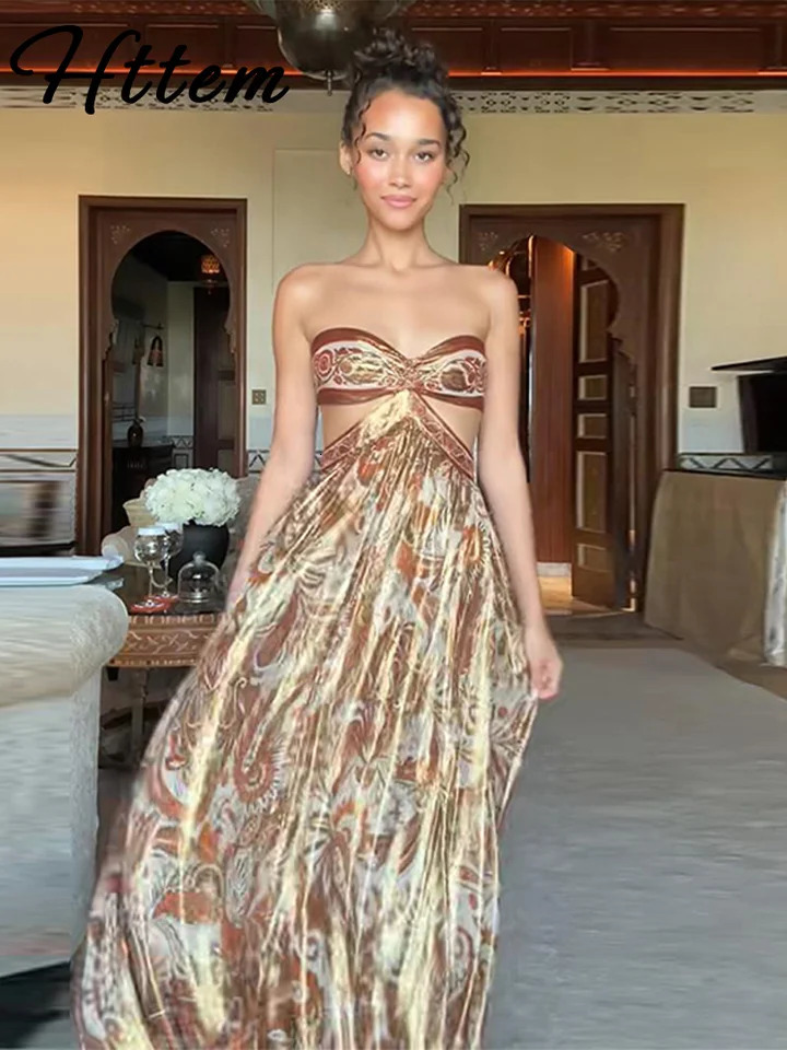 Sexy Print Hollow Out Strapless Women Dresses Beach Holidays Glitter Backless Off Shoulder Female Robe 2025 Summer Lady Dress 251027