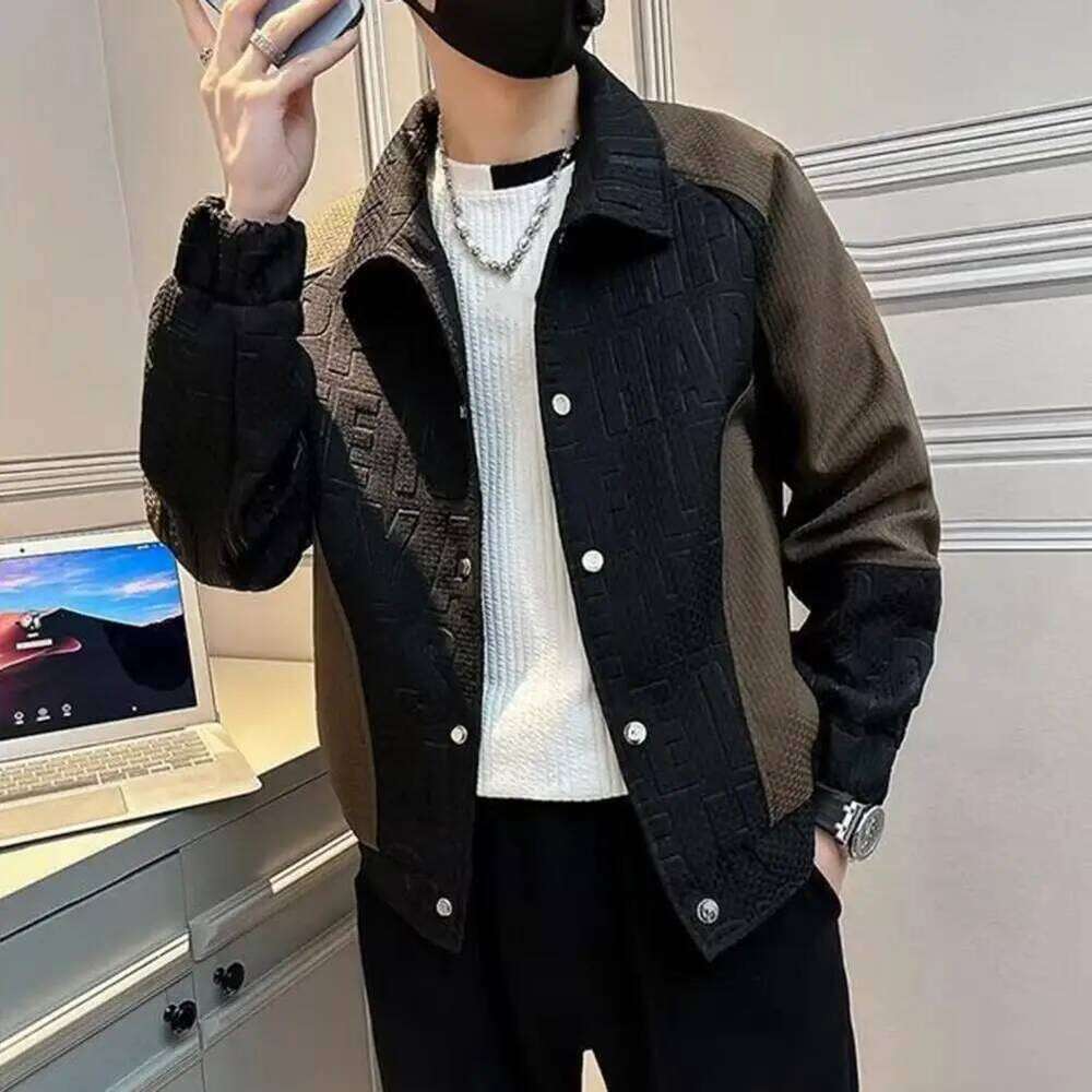 Men Lapel Long Sleeve Coat Hip Hop Style Windproof Design Color-Blocked Jacket with 3D Letter Pattern