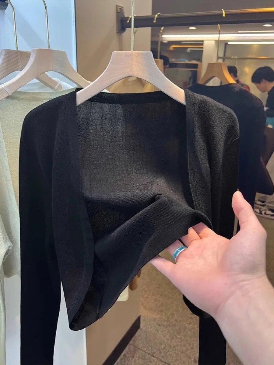 Short Ice Silk Knitted Sun Protection Cardigan Womens Thin Summer Suspender Skirt Layered Gauze Jacket Airconditioned Cover Up 251027