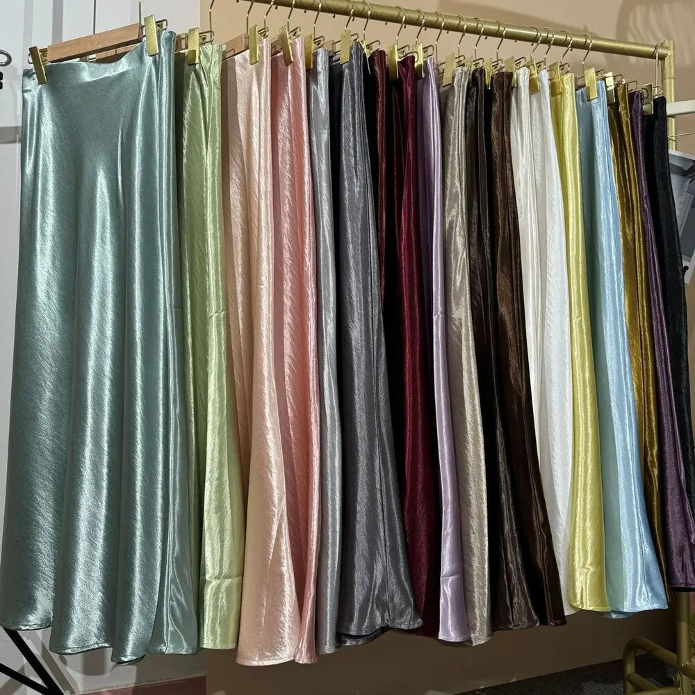 19 Colors 2026 In Women Spring Summer Gloss Satin Long Skirts Female Fashion Elegant High Waist Faldas 251027