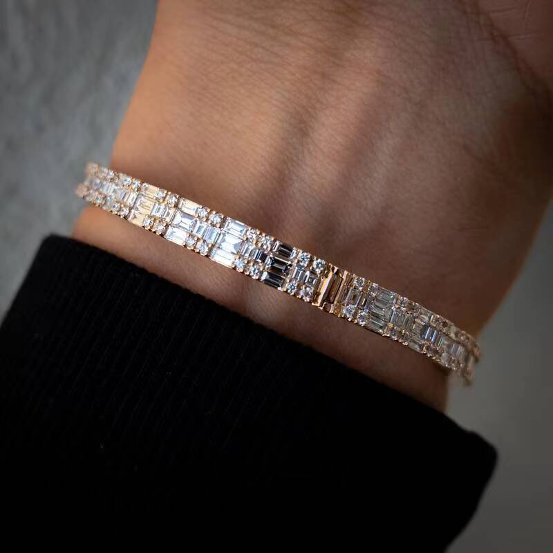 Luxury Hip Hop 925 Sterling Silver Rose Gold Plated Iced Out Split Vvs Moissanite Bracelet Diamond Baguette Bangle