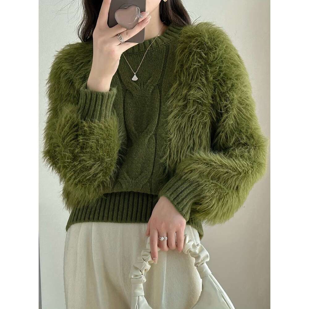Cozy Plaid Knit Sweater Women - Pullovers With Faux Fur Sleeves, Ribbed Details, Round Neck, And Soft Polyamide Fabric For Autumn/Winter Season