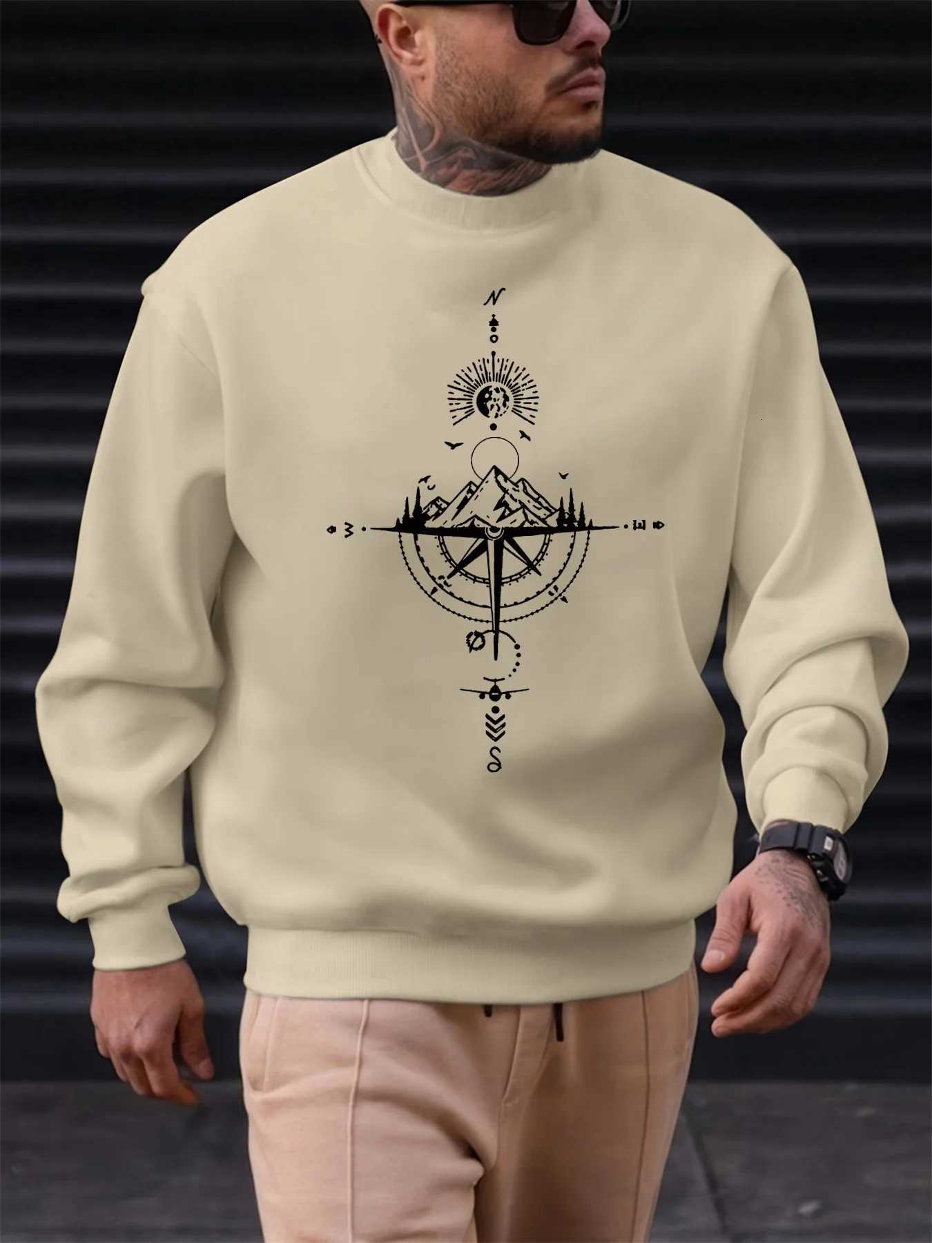 Mens autumn and winter fashionable casual loose compass and mountain graphic printed long sleeved round neck sweatshirt W251027
