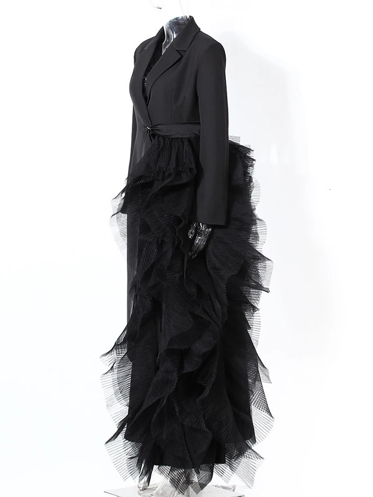 EAM Women Black Irregular Mesh Big Size Long Elegant Blazer Lapel Sleeve Jacket Fashion Spring Autumn 7AB4743 251027