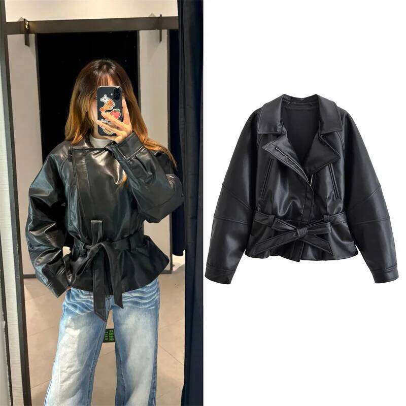 Women's 2025 Autumn New Arrival Black Long-Sleeve Faux Leather Short Trench Coat Motorcycle Style Fashionable And Unique