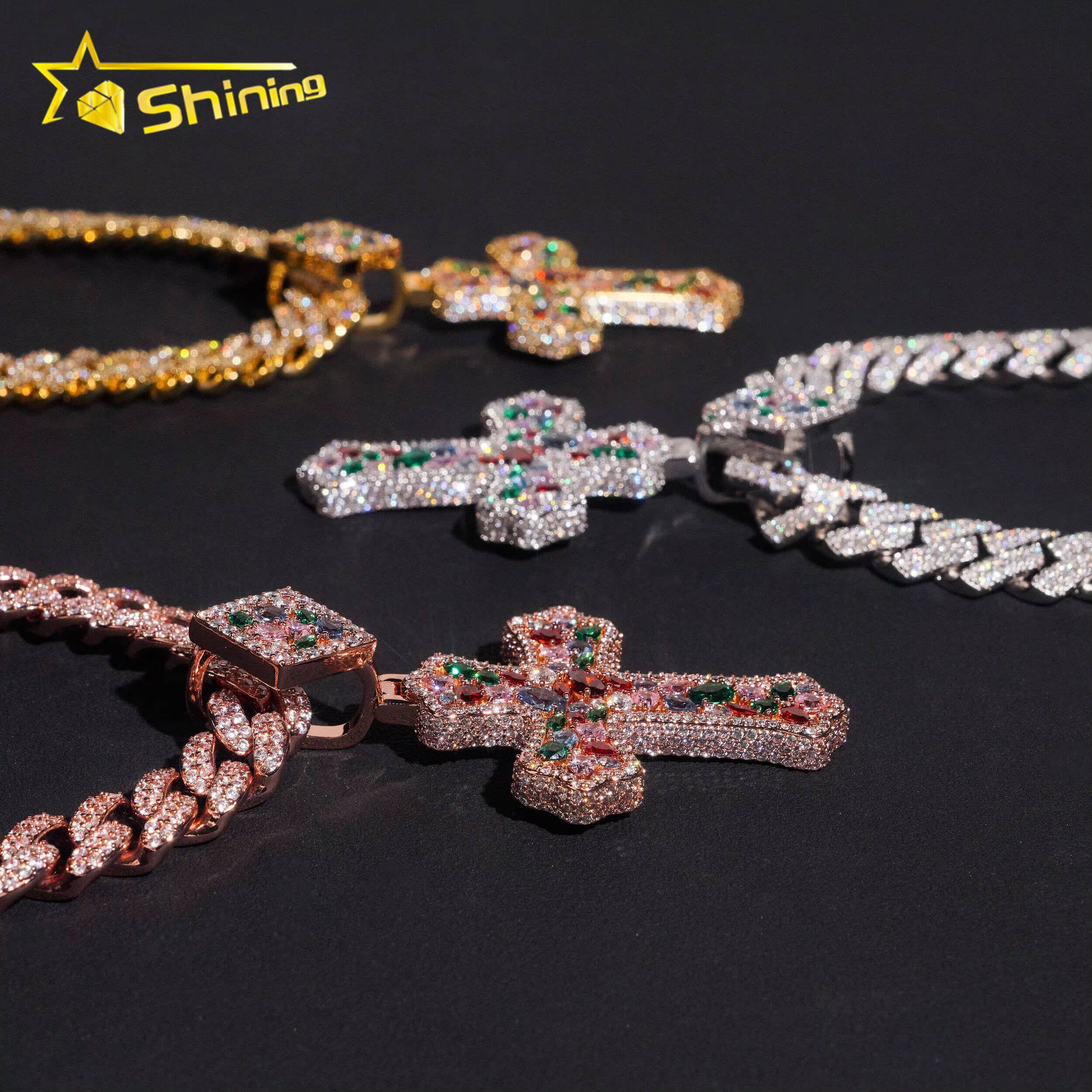 Fashion Pendant Charm Iced Out Brass Colorful Moissanite Diamond Cross Pendant Rapper Cool Style Hip Hop Pendant for Necklace