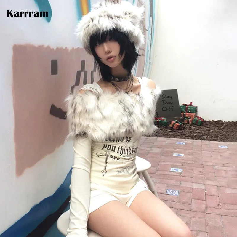 Karrram Japanese Y2k Fur Collar Tops 2000s Aesthetics Off Shoulder Knit Tops Vintage Harajuku Letter Print Long Sleeve Tshirt 251027