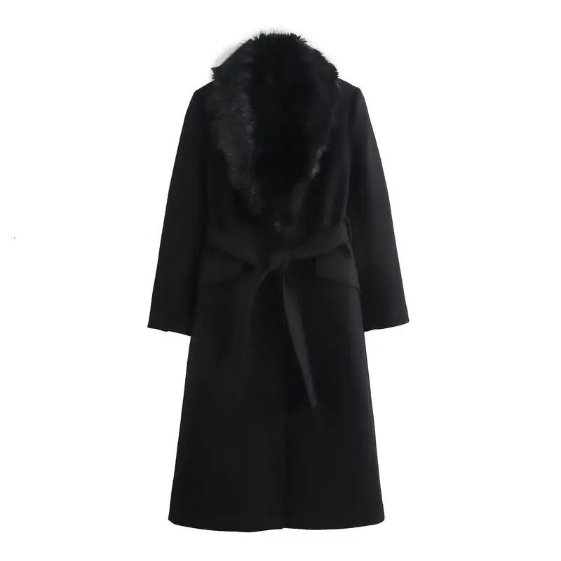 Winter Womens Faionable Woolen Coat Medium Length AllMatch Fur Collar Outerwear Long Sve Commute Sle 251024