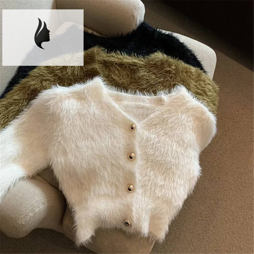 winter jacket women Y2k Vintage Fashion Streetwear Korean Knitwear Solid Slim Jumpers Cropped Mohair Knitted Cardigan Women V Neck Sweater Coat