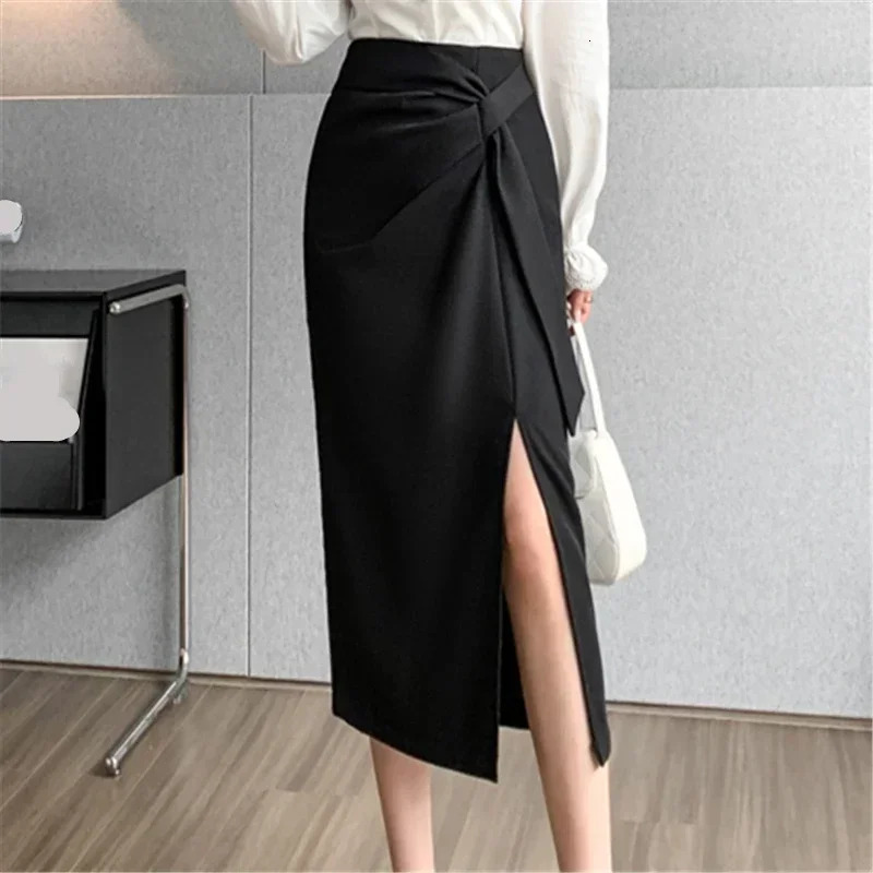 Seoulish Retro High Waist Mid Length Pencil Skirts for Women Autumn Office Lady Solid Color Wrapped Womens 251027