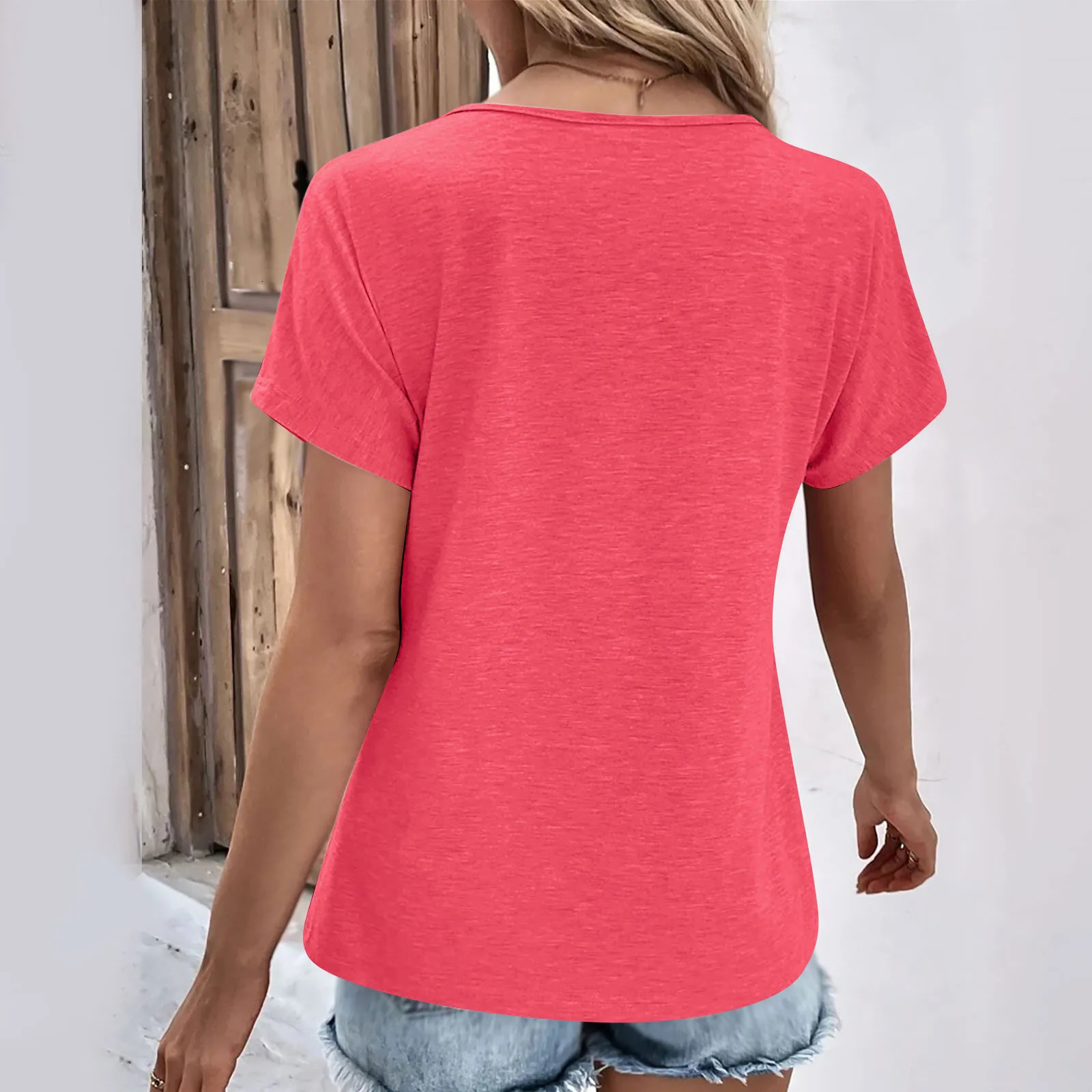 Fashion Women T Shirt Solid Color V Neck Short Sleeve Basic Tops Tee Streetwear Summer Oversized Clothing Female TShirts 251027