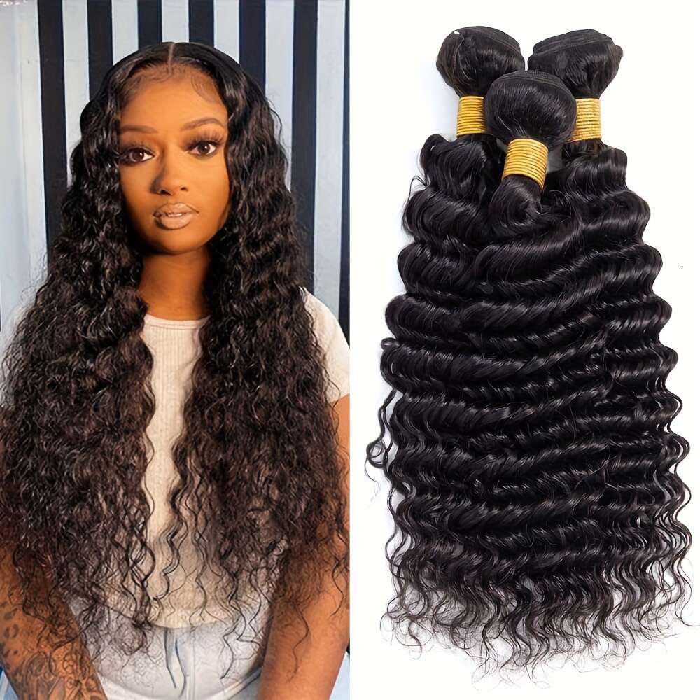 Wave 10-36 Inch Unprocessed Brazilian Virgin Deep Curly Bundles Deals Wet Wavy Real Human Hair Weave Soft Bouncy Can Be Dyed And Bleached Natural Blac