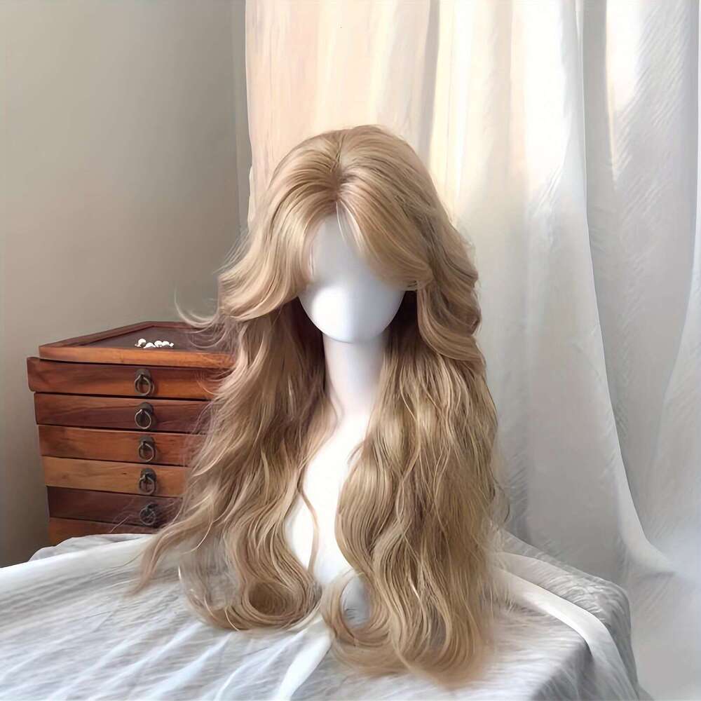 26-Inch Women's Wig, Golden Brown Water Wave, Long Curly, European And American Style, Elegant, Breathable, Versatile, No-Loss, Full Cap