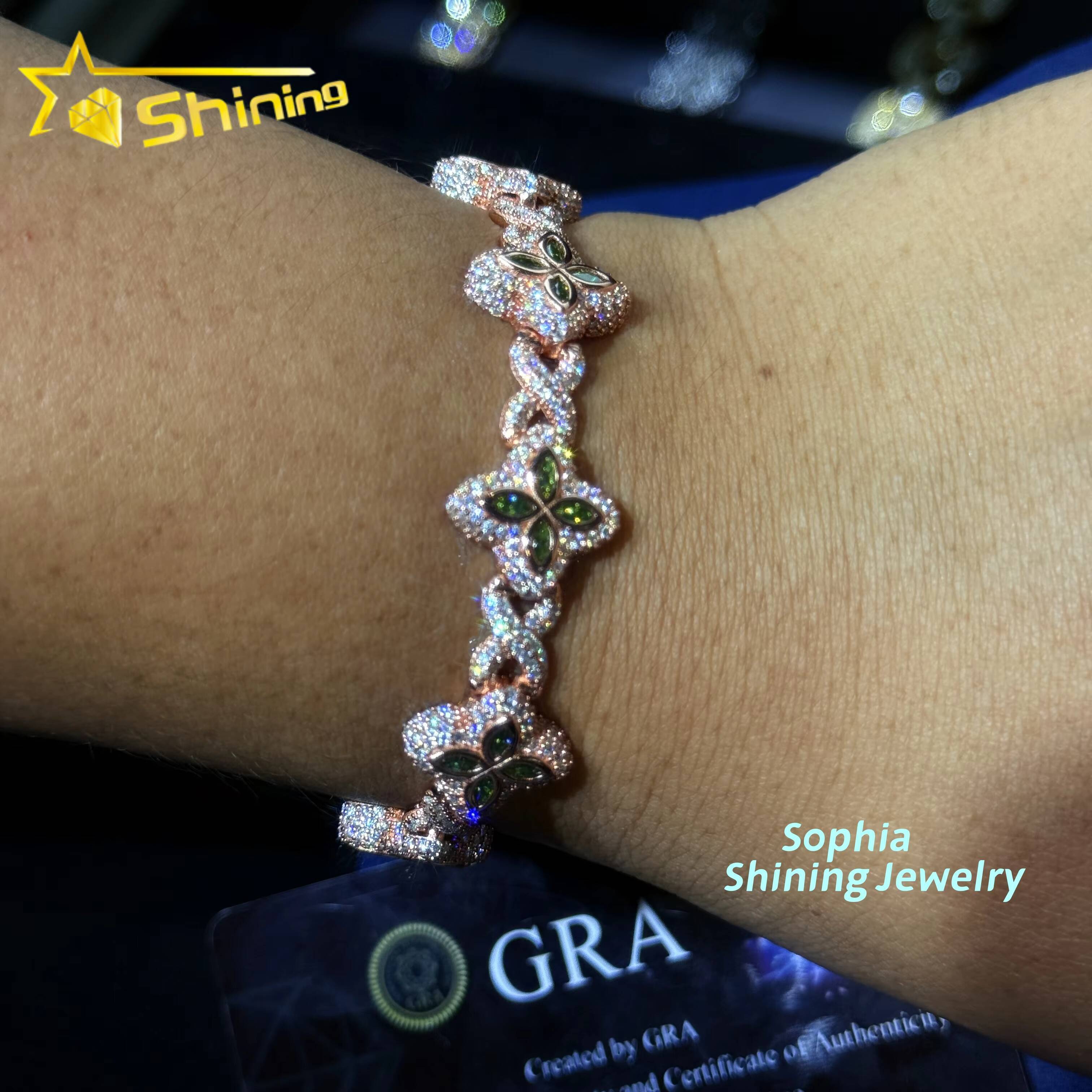 New Arrivals Fashion Jewelry 925 Sterling Silver Vvs Green Color Moissanite Diamond Four Leaf Clover Cuban Link Tennis Bracelet