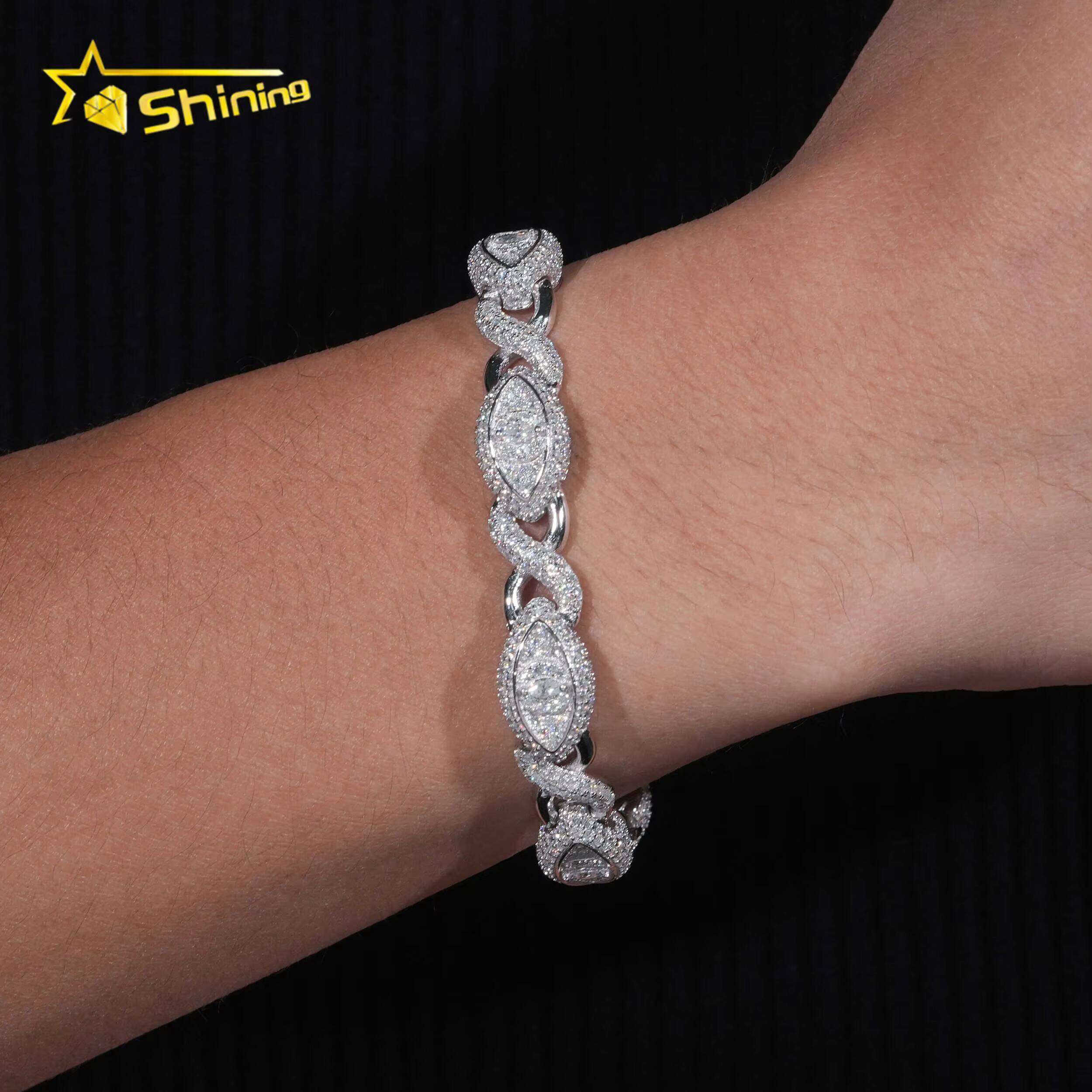 Real 925 Sterling Silver Gold Plated Hip Hop VVS Lab Diamond Moissanite Infinity Cat Eye Cuban Link Chain Bracelet