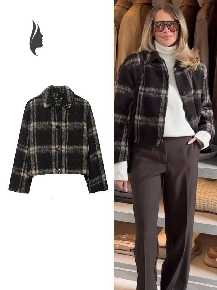 winter jacket women TFMLN Autumn New Women Plaid Jacket Fashion Elegant Long Sleeve Button Up Short Woolen Coat Female Winter Casual Outerwear