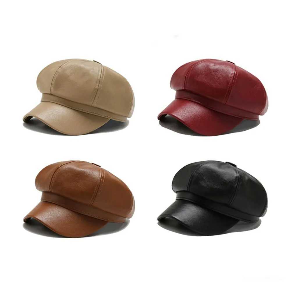 1pc Retro Fashion Womens Pu Leather Octagonal Hat Versatile Autumn And Winter Temperament Big Head Circumference BeretW251027