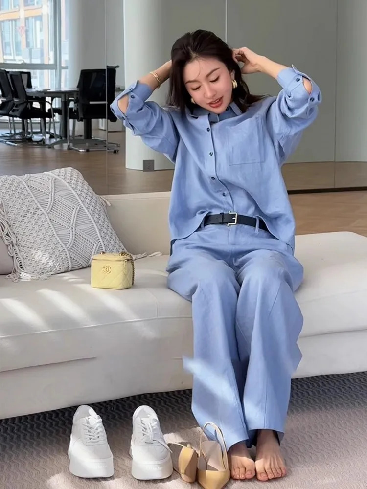 Summer Women Long Sleeve Shirt Wide Leg Pants Two Piece Set Office Lady Cotton Linen Work Outfits Comfortable Matching Suit Sets 251027