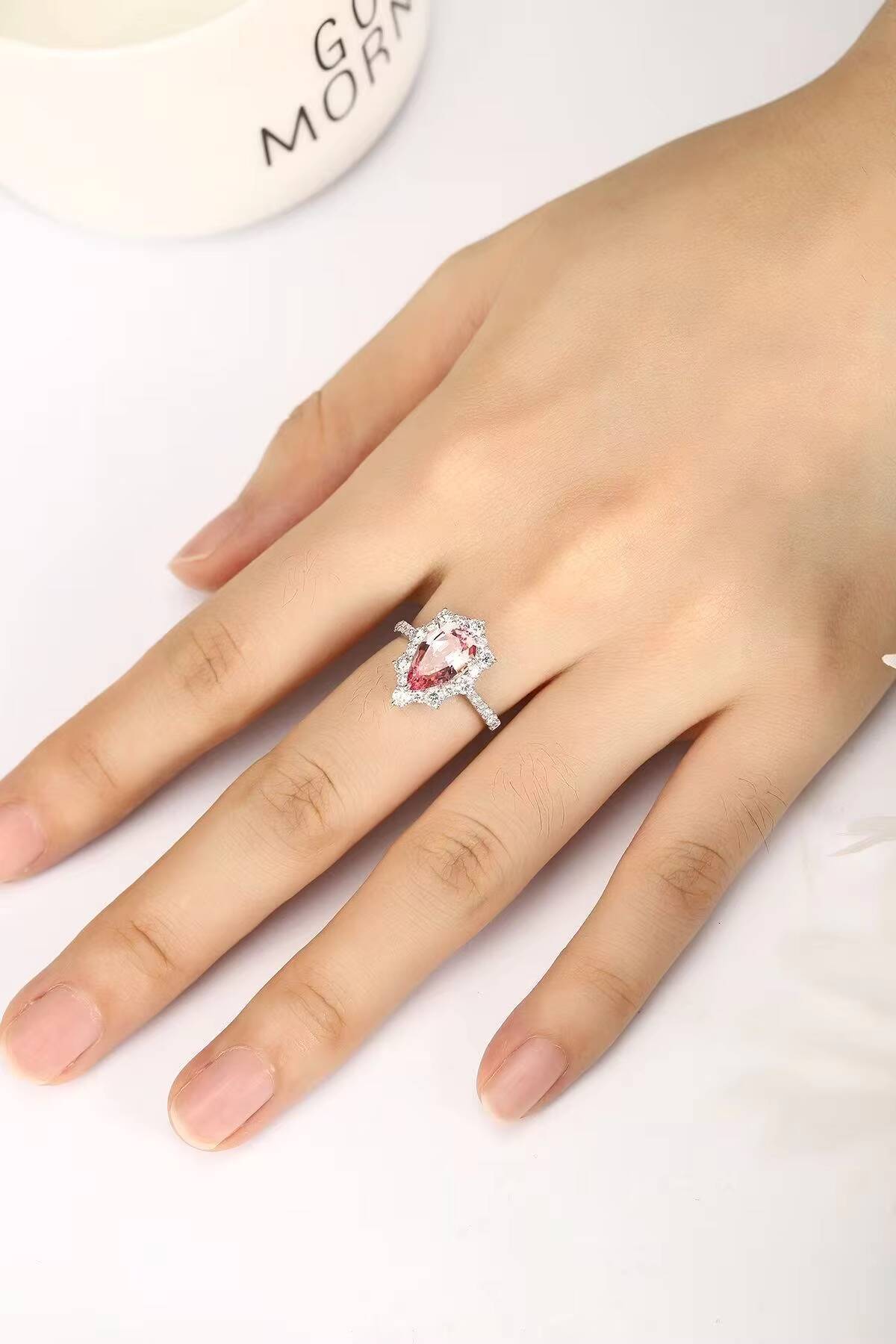 Womens Vintage Lab Grown Diamond Engagement Ring with Hidden Halo Pear Cut Morganite Gemstone for Wedding or PartyPT950