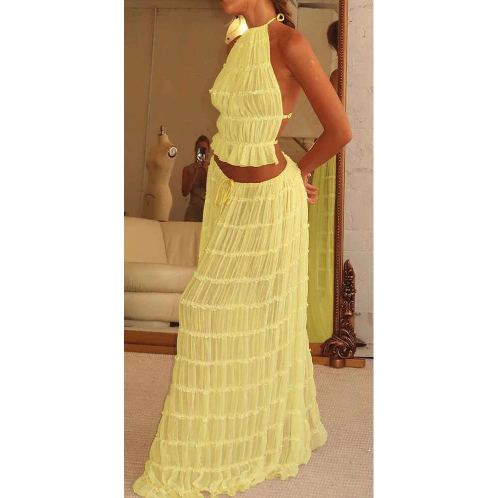 2025 Design Autumn New Sexy Backless Halter Ruched Lace Trim Vest Long Dress Set