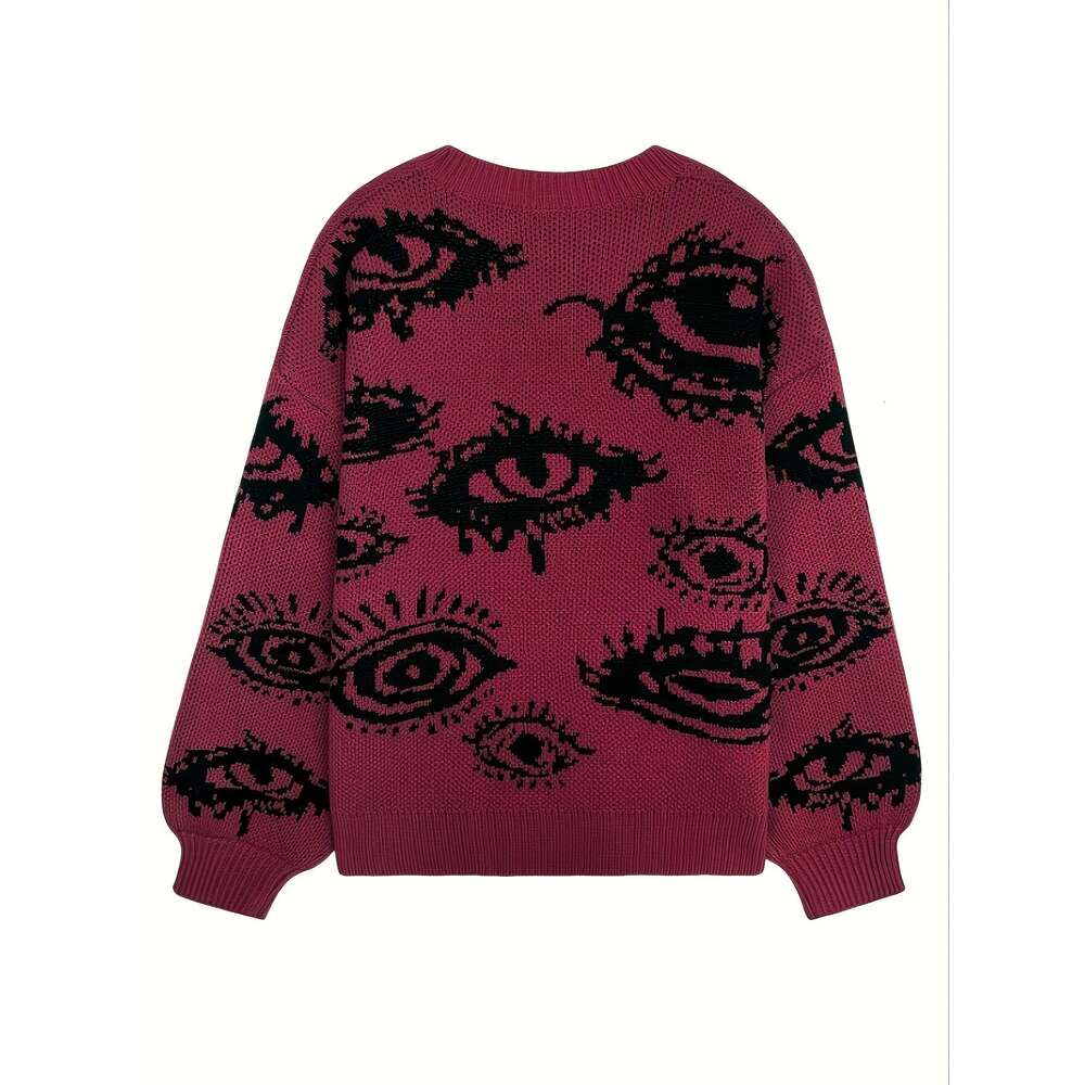 Women's Y2k Punk Eye Print Loose-Fit Long Sleeve Sweater - Black White Top, Round Neck Casual Streetwear For Fall & Winter, Autumn Winter Apparel