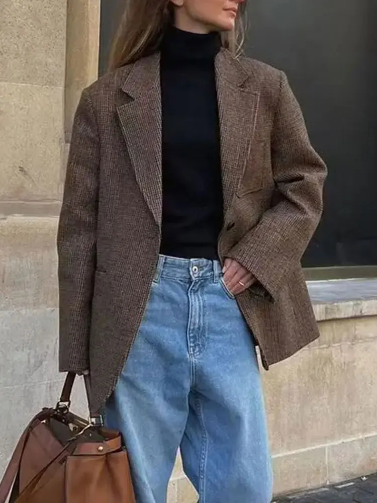 Vintage Womens Houndstooth Blazer Singlebreasted Suit Coat Spring Lady Office Commute Woman Outerwear Streetwear 251027