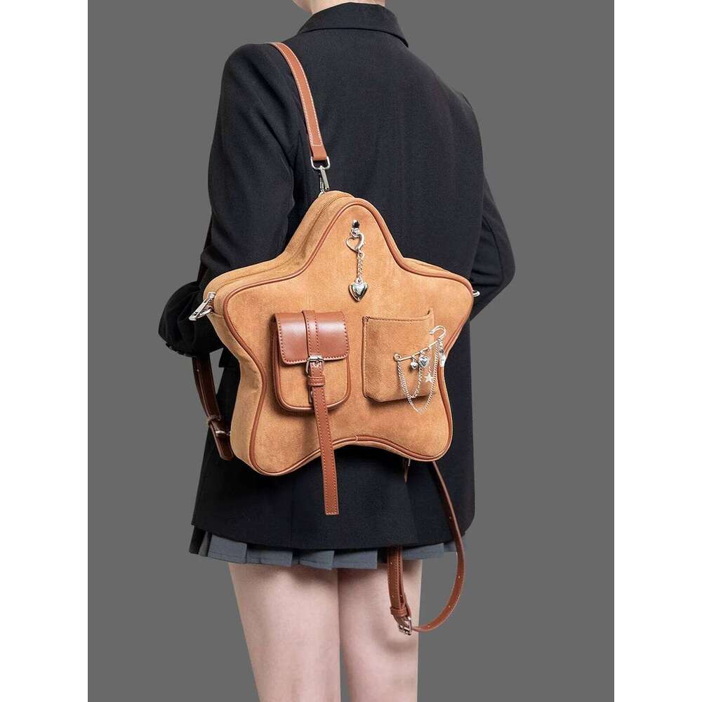 Original Retro Brown Pentagram Pendant Brooch Decoration Multi-Pocket Double Shoulder Messenger Bag Casual Backpack