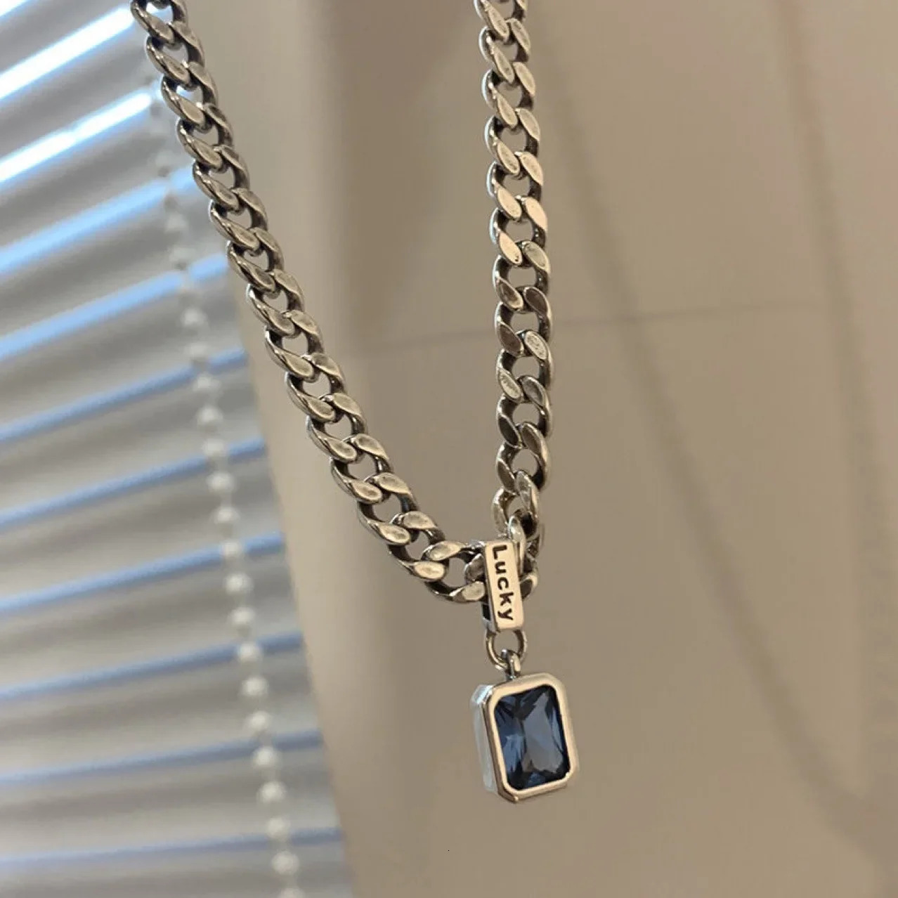 Sea Blue Zircon Pendant Necklaces for Men BoysStainless Steel Lucky Words Pendant CollarPunk Hiphop Jewelry Birthday Gift 251020