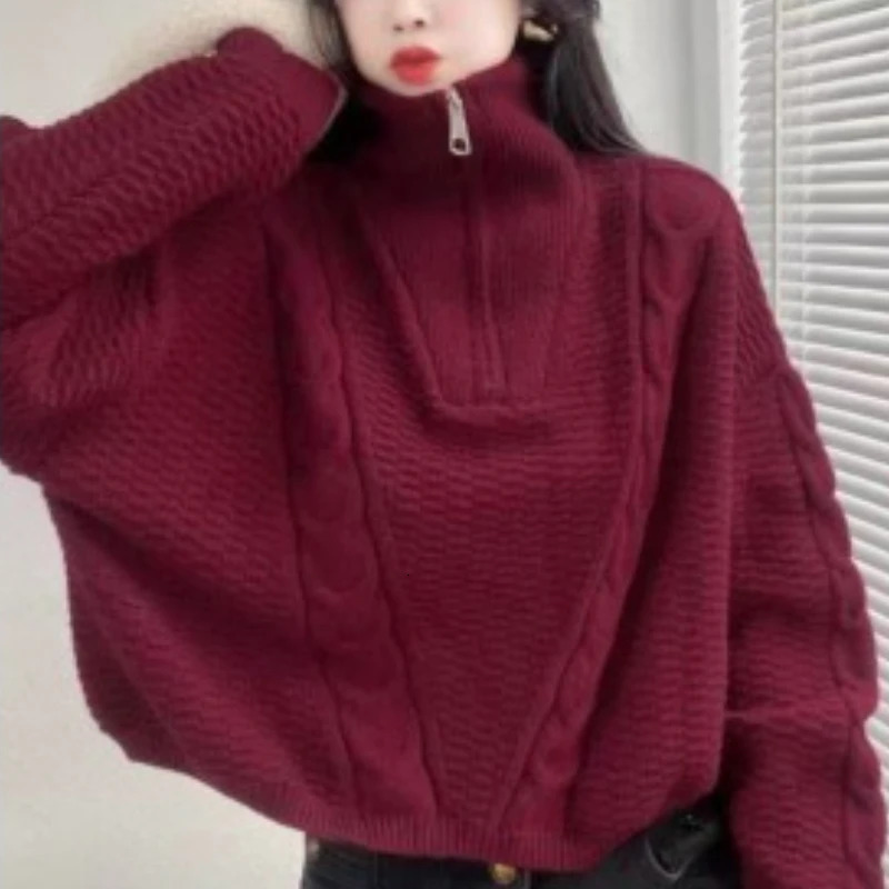Fashion Women Long Sleeve High Neck Solid Color Looese Sweater Winter Elegant Casual Pullover Knitted Top Zipper Knitwear 251027